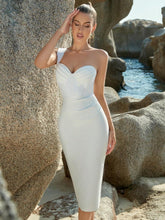 One Shoulder Pleated Solid Color Bandage Party Bodycon Mini Dress